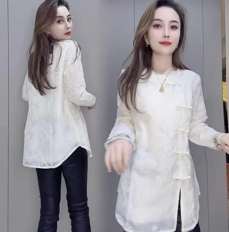 中式风提花盘扣复古拼接衬衫女2024新款时尚清新上衣