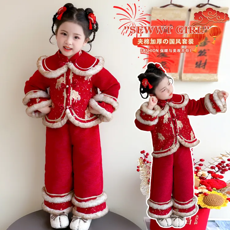 儿童唐装秋冬款棉衣套装加厚女宝宝拜年服3-6岁8女童抓周服中国风