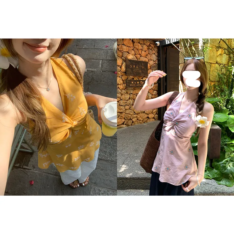 V领扭结刺绣无袖收腰显瘦挂脖小衫2025夏季新款女装时尚别致背心