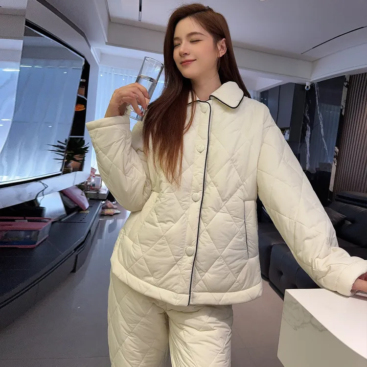 冬季新款三层加厚夹棉睡衣女加厚保暖家居服长袖冬季加绒翻领套装