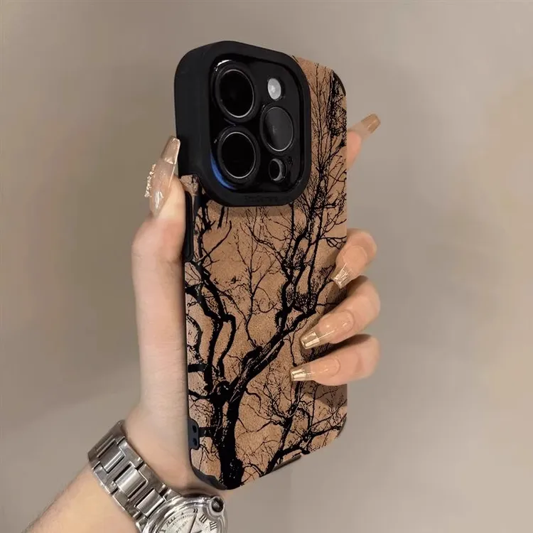 黑色枯树适用苹果16promax手机壳翻毛皮iphone15保护套文艺防摔13