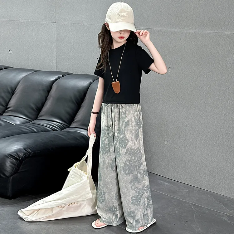 时尚女童夏季洋气套装2025新款中大儿童8-15岁短袖薄款直筒阔腿裤