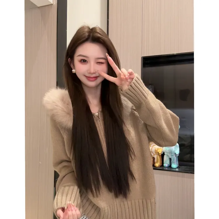 韩系毛毛领连帽双拉链毛衣外套女秋冬季慵懒风短款针织开衫上衣女