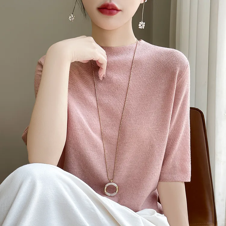 半高领莱赛尔天丝中袖针织衫上衣女夏季薄款提花纯色T恤宽松打底