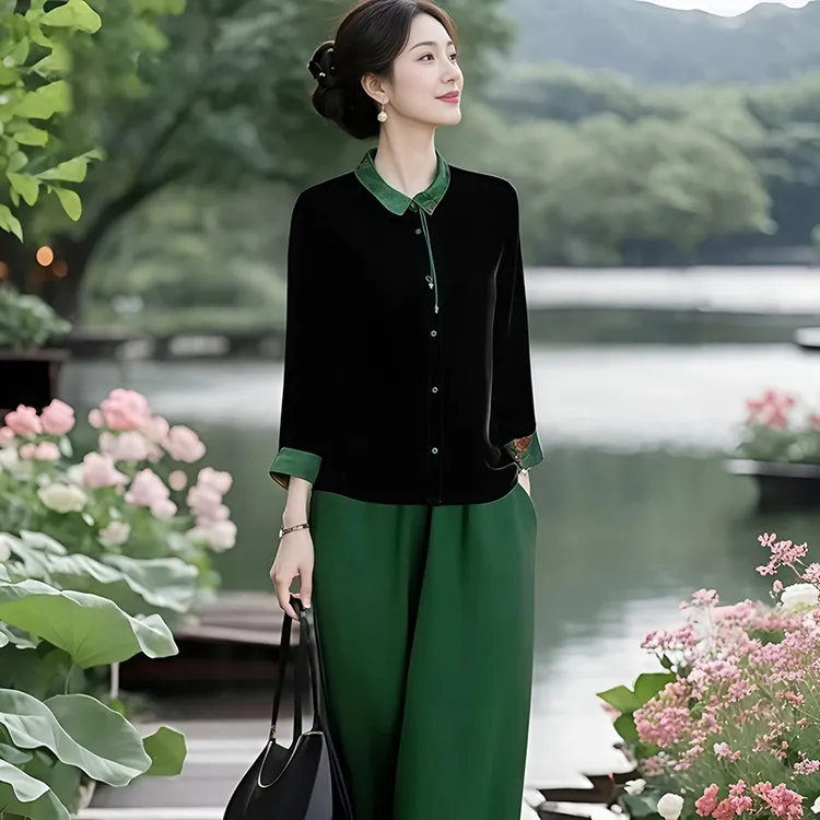 设计感气质撞色拼接翻领上衣女2025春秋新款显瘦松紧腰休闲裤套装