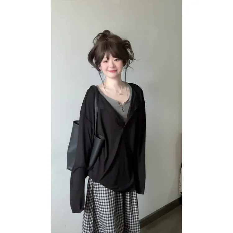 韩系穿搭显瘦长袖T恤女春秋季宽松显瘦慵懒风背心+上衣+裤子套装