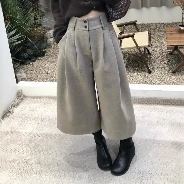 复古毛呢阔腿裤女2025秋冬新款八分休闲直筒裤子高腰宽松显瘦裤裙