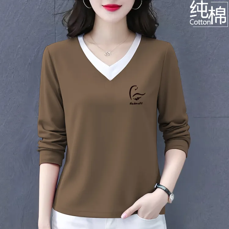 纯棉长袖t恤女春秋新款时尚百搭宽松显瘦休闲中年女士上衣打底衫