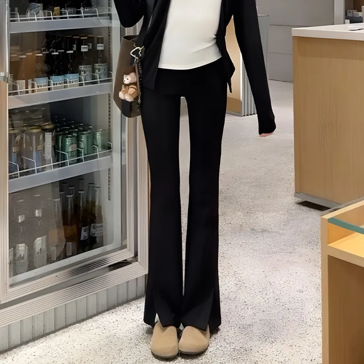 黑色侧开叉微喇叭裤女秋冬季新款加绒高腰显瘦时尚直筒休闲阔腿裤