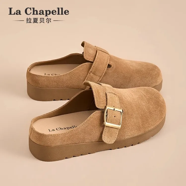拉夏贝尔真皮勃肯鞋女2025新款冬季爆款一脚蹬懒人厚底博肯半拖鞋