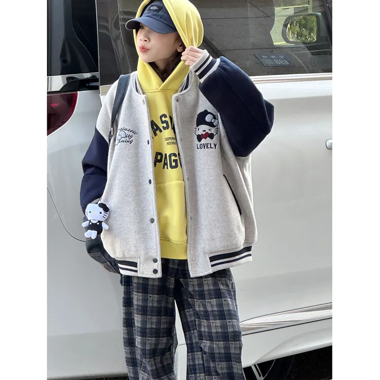 K30314孙小美刺绣毛呢女童棒球服秋冬装大童儿童夹棉加厚外套潮
