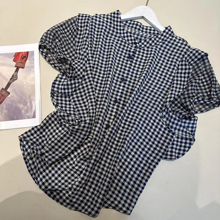 【运费补贴】夏款圆领设计感时尚百搭短袖显瘦上衣款女洋气夏季格子