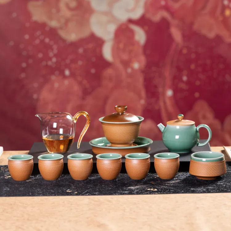 龙泉青瓷功夫茶具套装跳刀陶瓷高档泡茶壶三才盖碗家用办公礼盒装