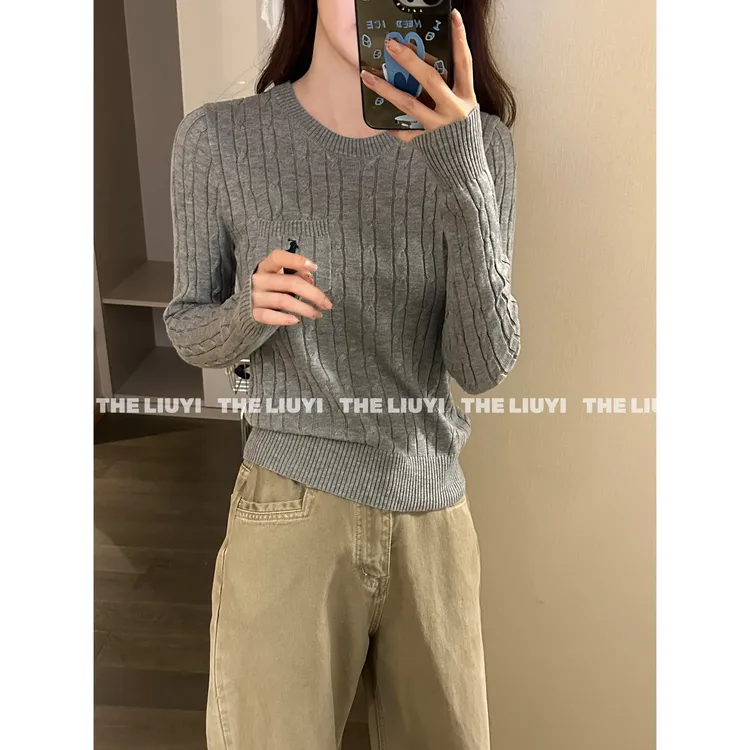【LIUYI】新款口袋刺绣羊毛复古麻花毛衣58131