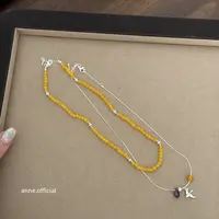 铜合金项链 【X708】清新黄色串珠飞燕双层叠戴可拆分项链