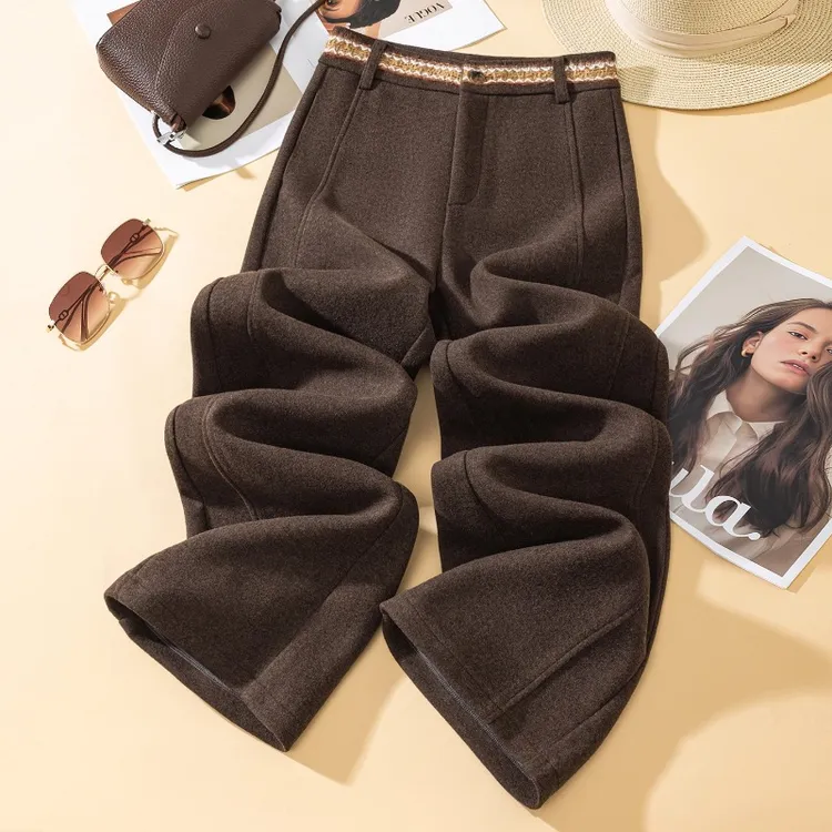 高腰咖色羊绒阔腿裤女秋冬季2025新款羊毛呢宽松弯刀裤拖地直筒裤