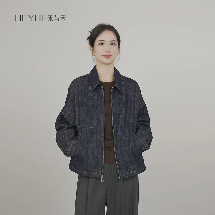 小禾【海屿】重磅美式设计感翻领拉链休闲百搭酷飒做旧牛仔夹克