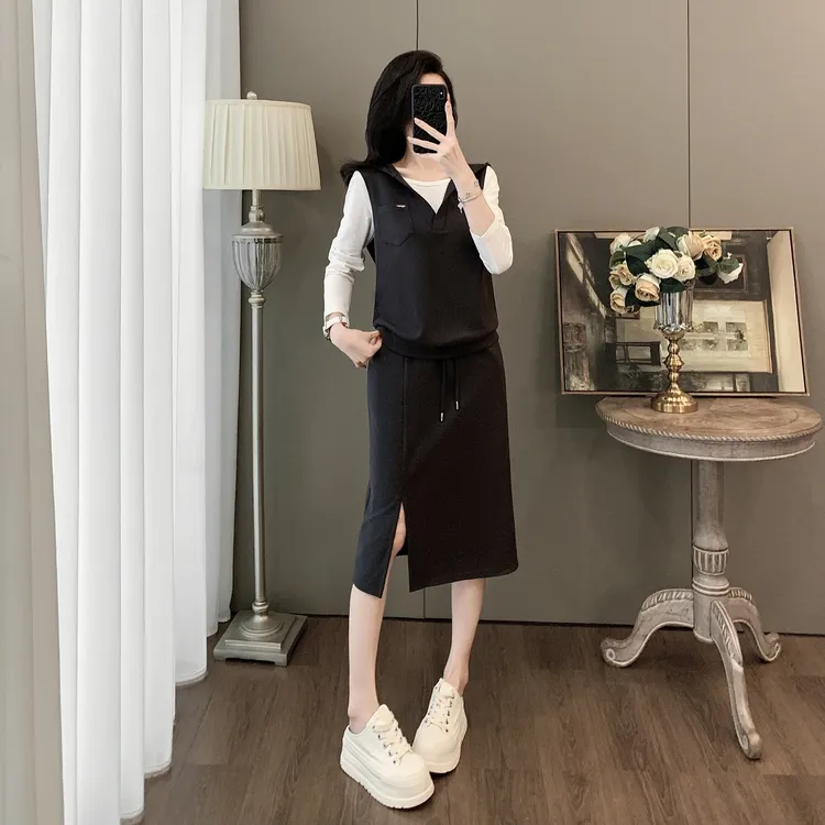 欧货高级感休闲风通勤时尚套装开叉连帽长款假两件半身裙一整套潮