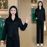 2025春新款洋气时尚设计感不规则刺绣衬衫+裤子套装两件套#YZ123