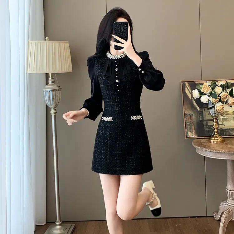 秋季长袖时尚名媛御姐法式气质收腰小香风千金感连衣裙女高级感