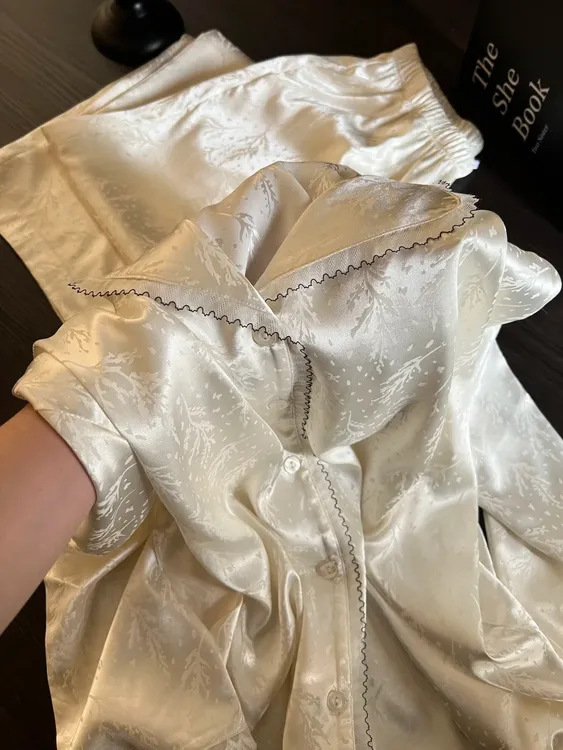 中式高级蕾丝花边冰丝睡衣女夏季新款大码宽松长袖长裤套装家居服