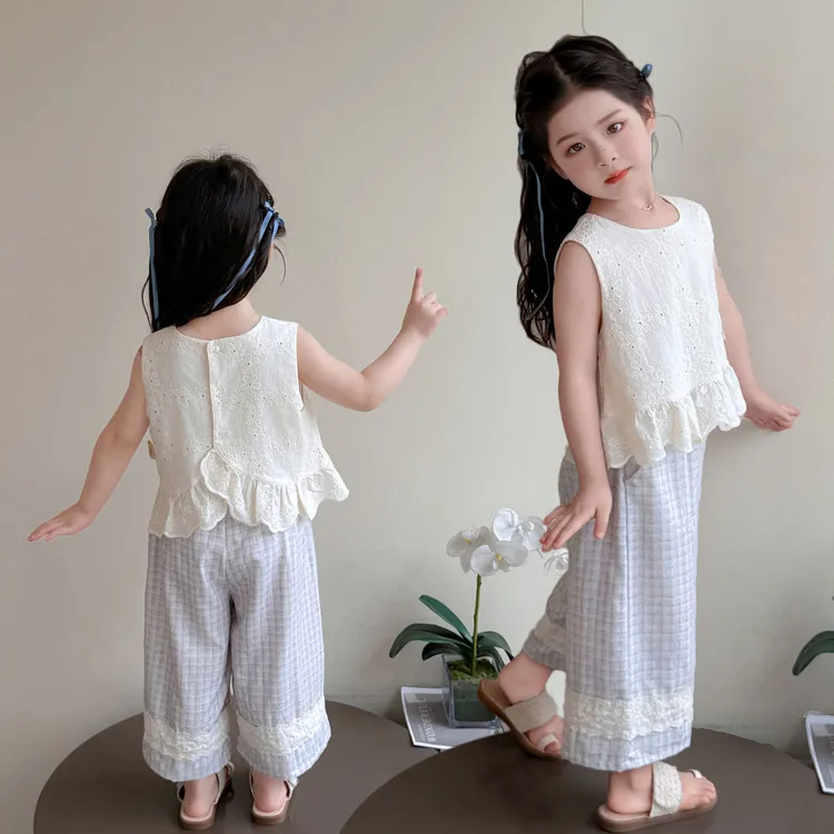 套装韩版夏季刺绣女童中小童儿童蕾丝洋气外穿薄款女孩女宝无袖