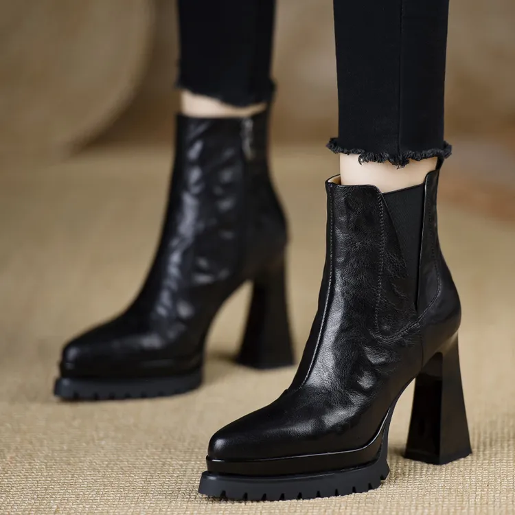 大叔手工女鞋10.4cm防水台高跟短靴秋季新款手抓软皮粗跟棕色女