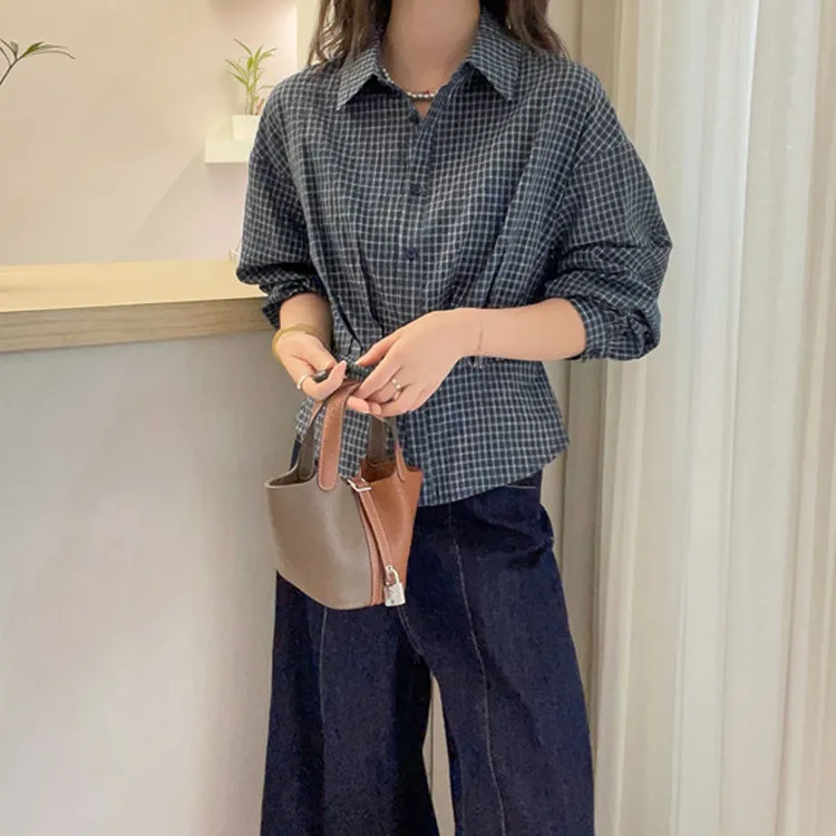 棉质polo领长袖减龄复古休闲格子衬衫女春秋新款小众设计感上衣潮