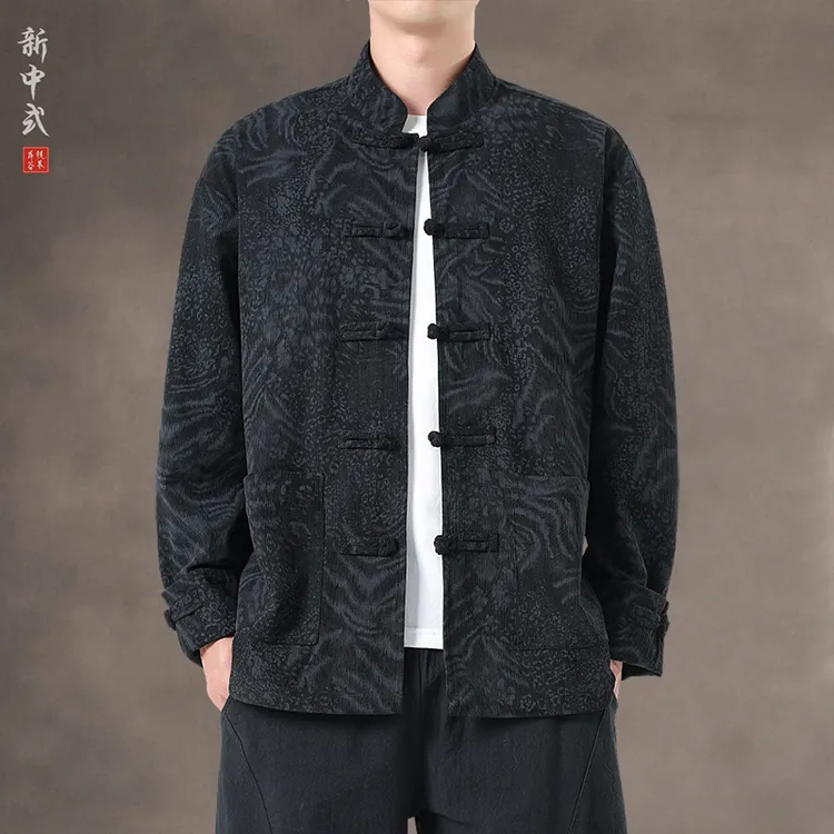 中国风秋冬暗纹提花唐装外套国潮宽松大码圆领盘扣中山装茶服夹克