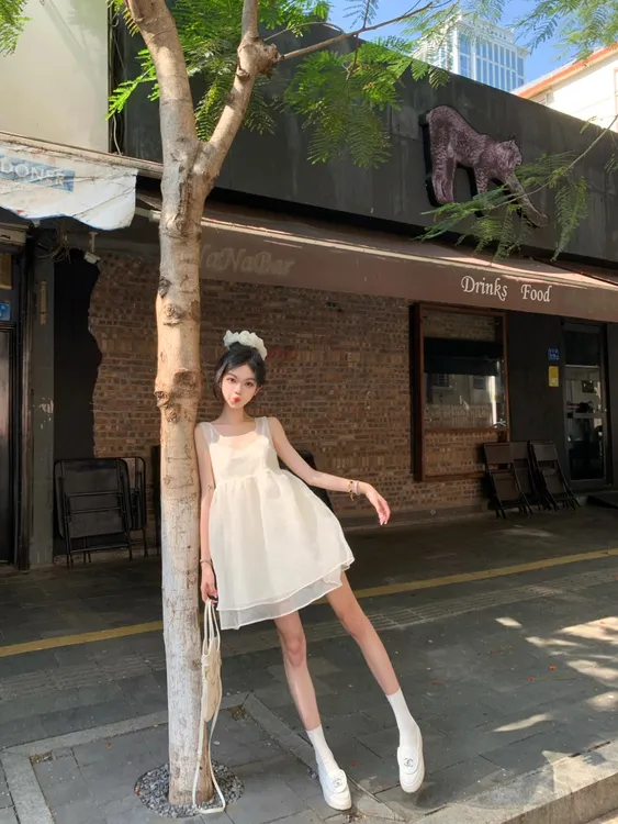 纯欲新款夏季后背蝴蝶结两穿网纱背心连衣裙女甜美减龄叠穿短裙