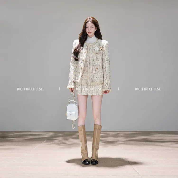 RICHINCHEESE 贵女千金 绵羊毛秋冬粗花呢鎏金小香风编织呢套装