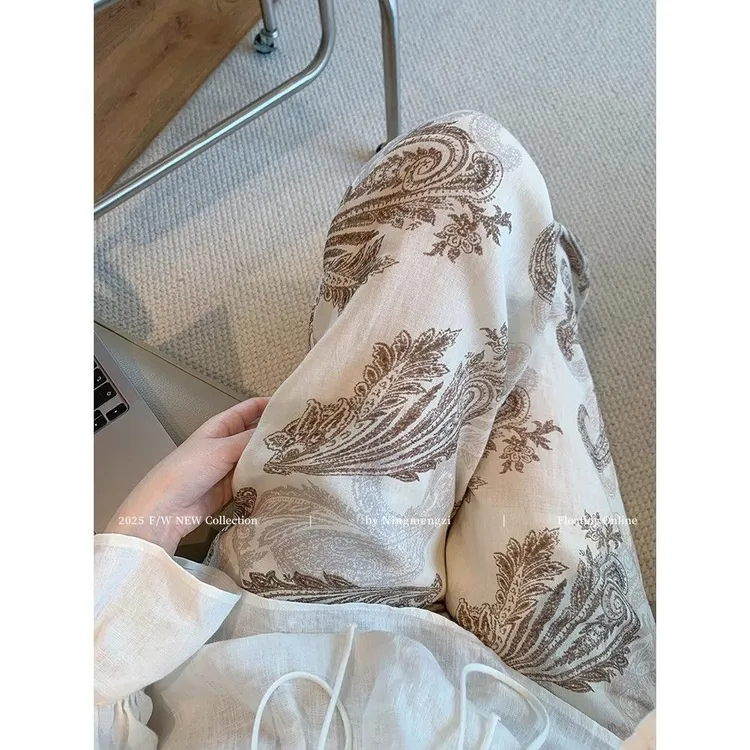 复古印花亚麻休闲阔腿裤女夏季新款高级感高腰垂感时髦百搭休闲裤