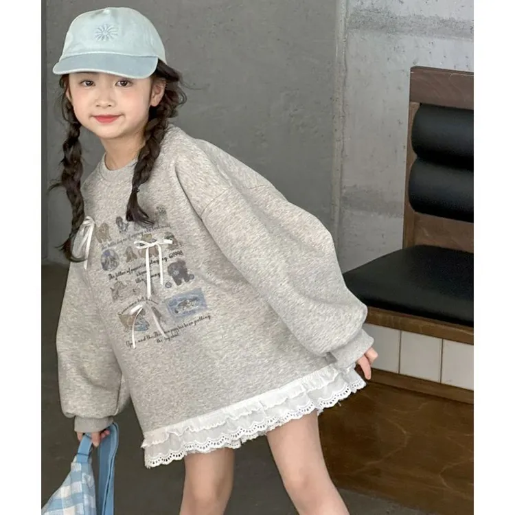 2025秋装新款女童甜美风下摆拼接花边圆领时尚卫衣儿童春秋款上衣