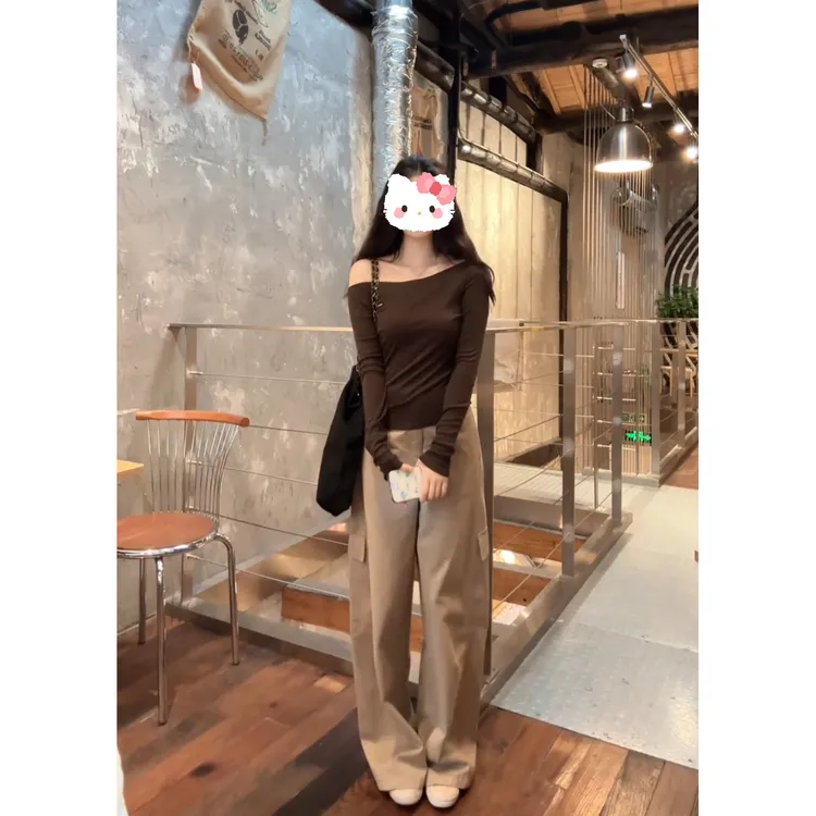 斜肩慵懒感早秋长袖T恤百搭显瘦上T恤斜领设计感辣妹风时尚裤子