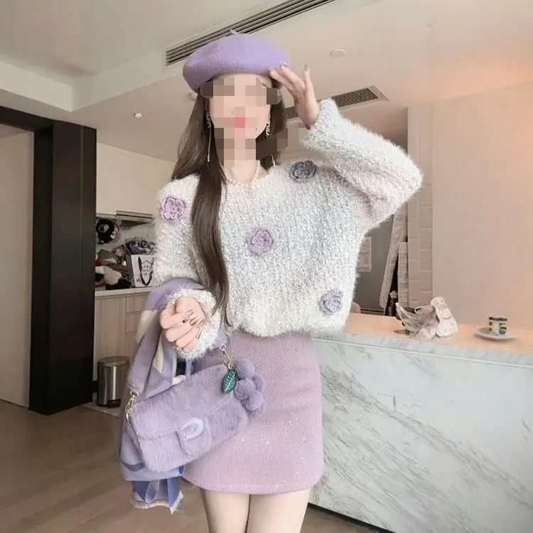 温柔风立体花朵套头毛衣女秋冬新款慵懒风甜美软糯宽松百搭上衣