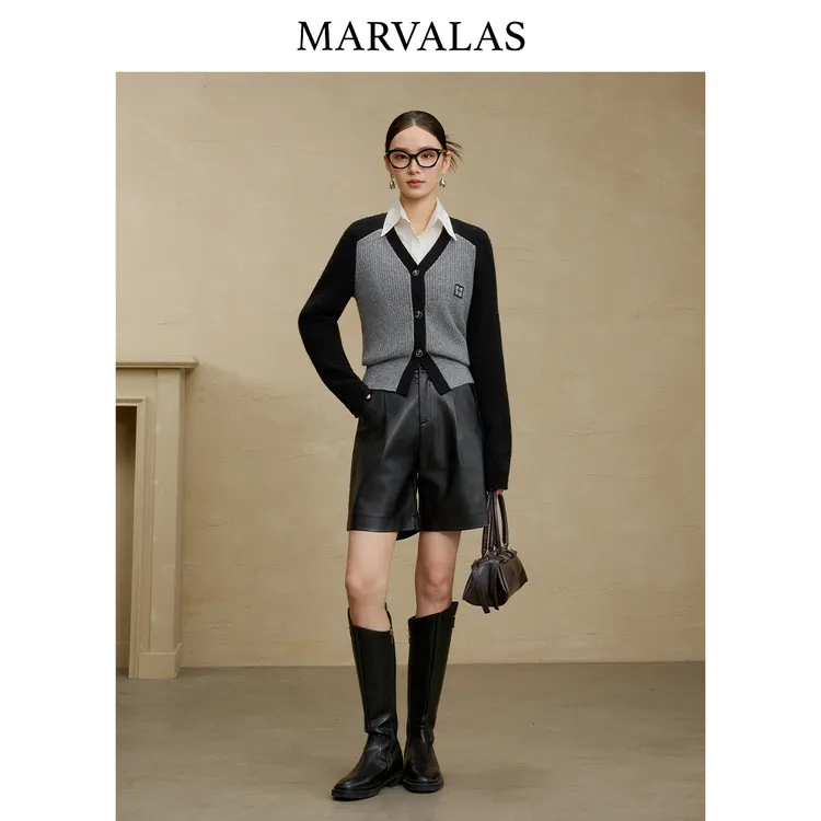 曼德诗绵羊毛混纺开衫冬季新款时尚V领撞色针织衫百搭上衣女