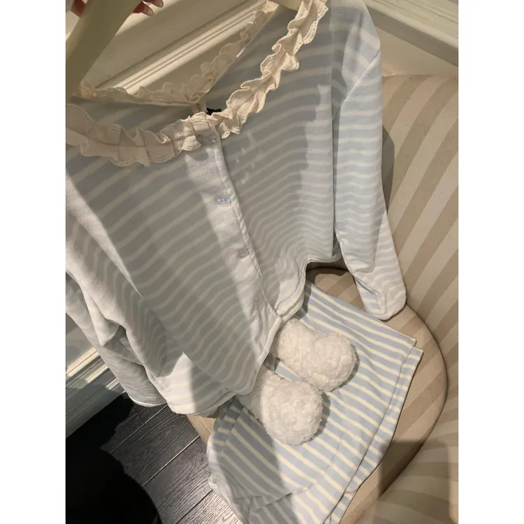【奶蓝色条纹】德绒睡衣秋冬款女生纯欲花边保暖家居服可外穿套装