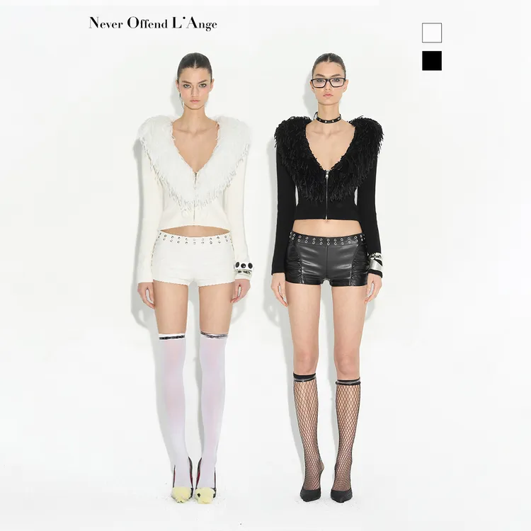 NOLA 黑白羽翼 重工羊滩毛V领毛织毛衣长袖拉链上衣