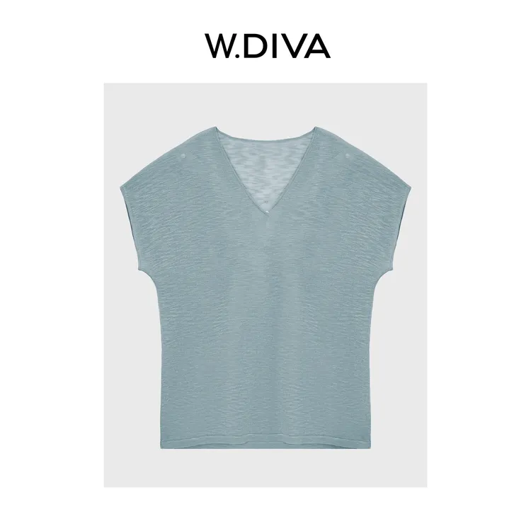 W.Diva【冰清】凉感松弛简约风小飞袖V领浅蓝色针织衫慵懒52Z272212