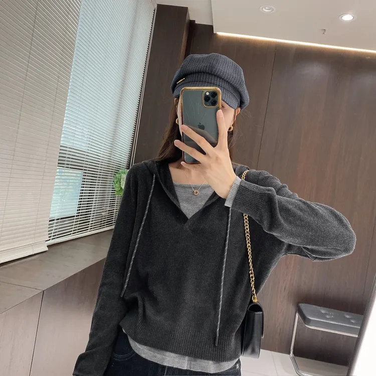 IMFLY金小金自制女装针织衫DYW9709假两件连帽上衣外套女秋季外套