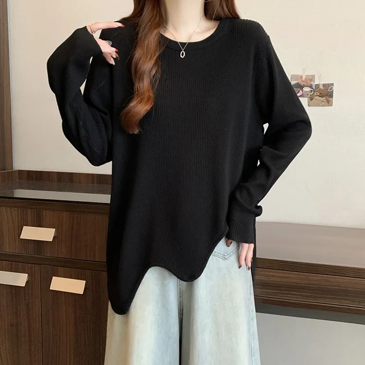 2025秋装新款胖mm大码女简约波浪摆宽松针织长袖上衣T恤71846