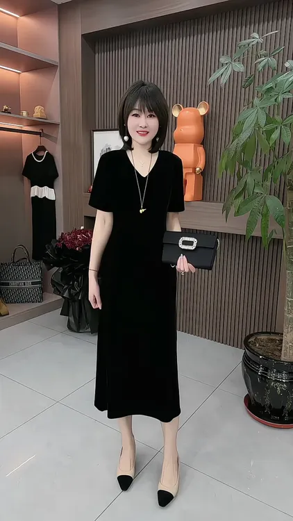 夏季新款时尚气质休闲宽松显瘦大码V领丝绒短袖连衣裙过膝长裙女