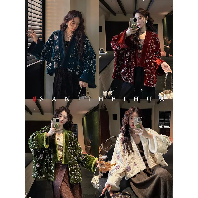 三吉黑花【天官赐福】新中式珠管绣丝绒外套女冬装加厚加绒长短款