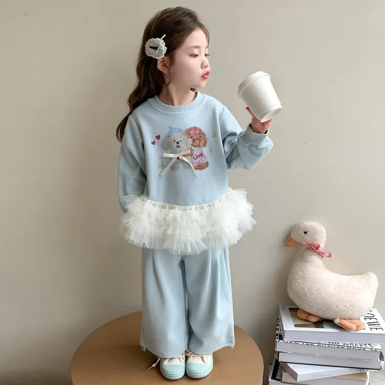 儿童秋季可爱套装2025女童抽绳束脚卫裤+网纱拼接卫衣休闲两件套