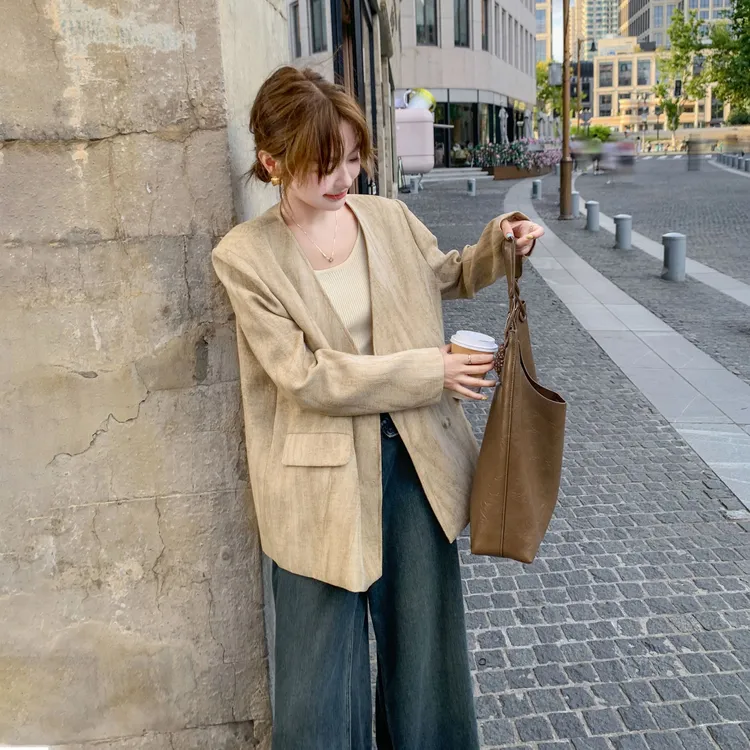 晕染V领西装外套女春秋2025新款高级感气质垂感西服独特绝美韩系