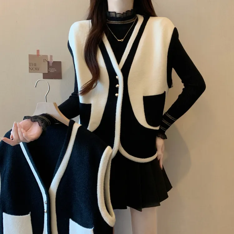 国风小个子香风针织打底衫马甲外套两件套装女大码胖mm胖妹妹妈妈