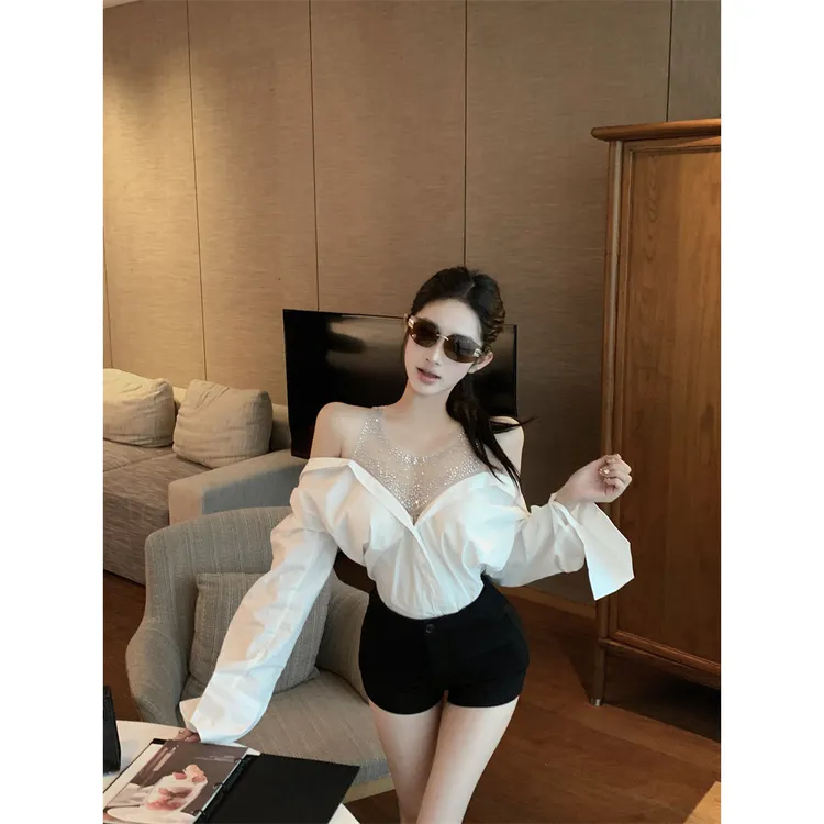 拼接网纱假两件烫钻长袖衬衫女装秋季设计感收腰衬衣白色露肩上衣