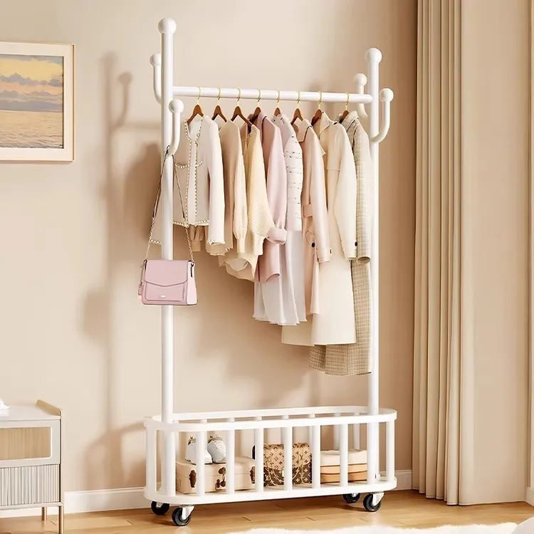 奶油风落地衣帽架金属置物挂衣架家用卧室可移动放衣服铁艺晾衣架