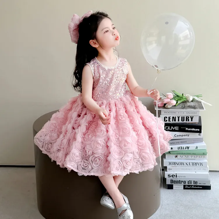 女童连衣裙夏季新款女宝立体玫瑰公主裙甜美背心蓬蓬裙生日礼服裙