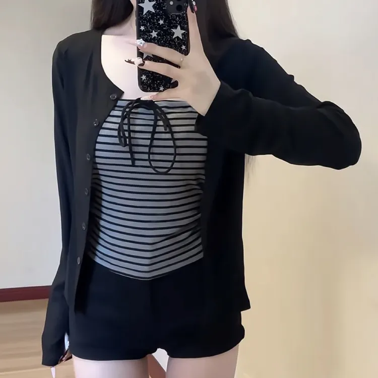 辣妹条纹抹胸无袖背心上衣2025新款蝴蝶结小吊带显瘦长袖两件套女